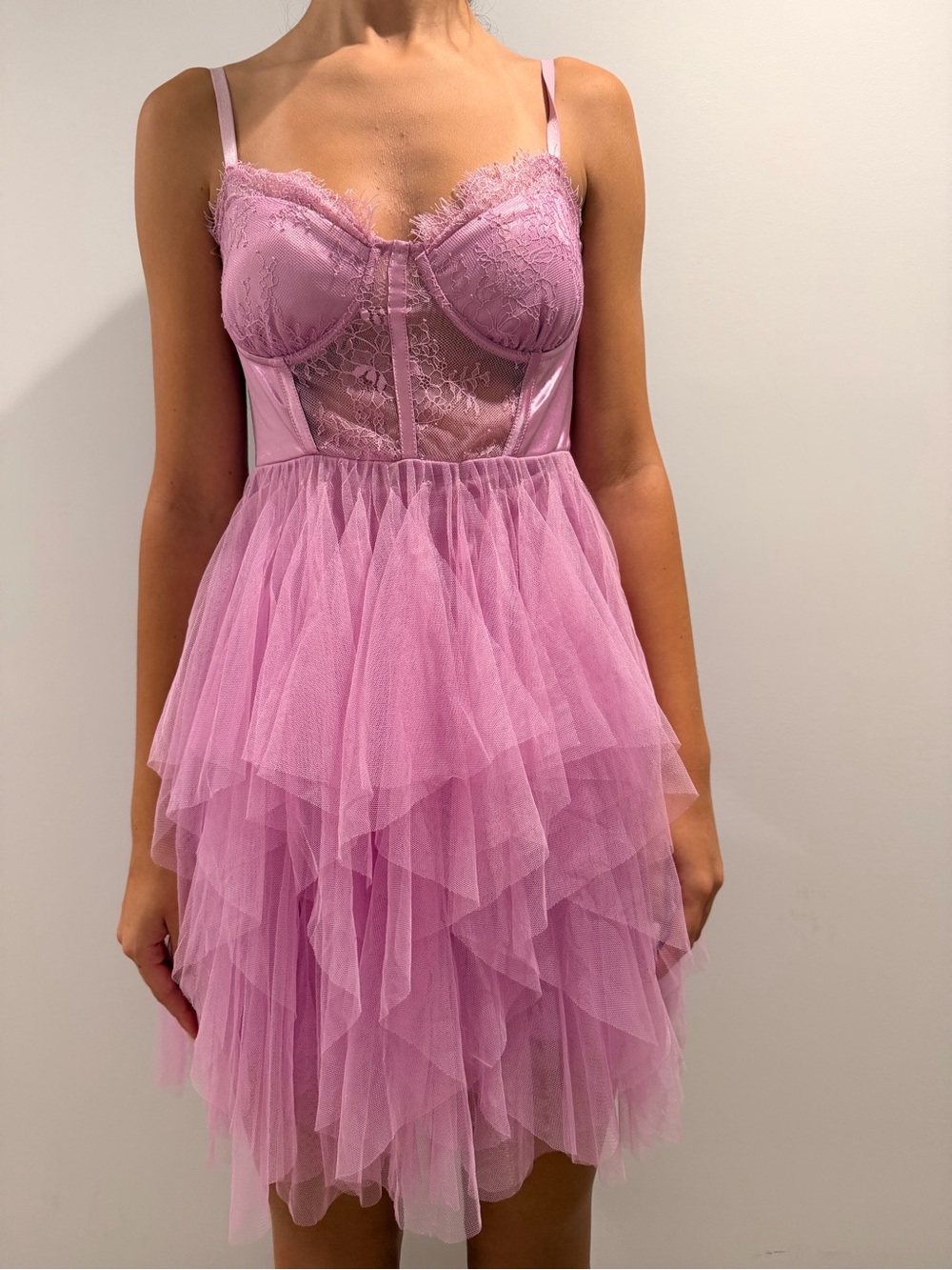 THIRTY/ THIRTY Lilac Lace Corset Mini Dress with Layered Tulle Skirt